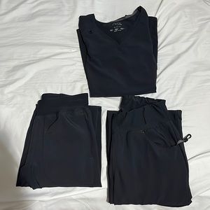 cherokee iflex 3 piece set scrub top, joggers & flare pants grey